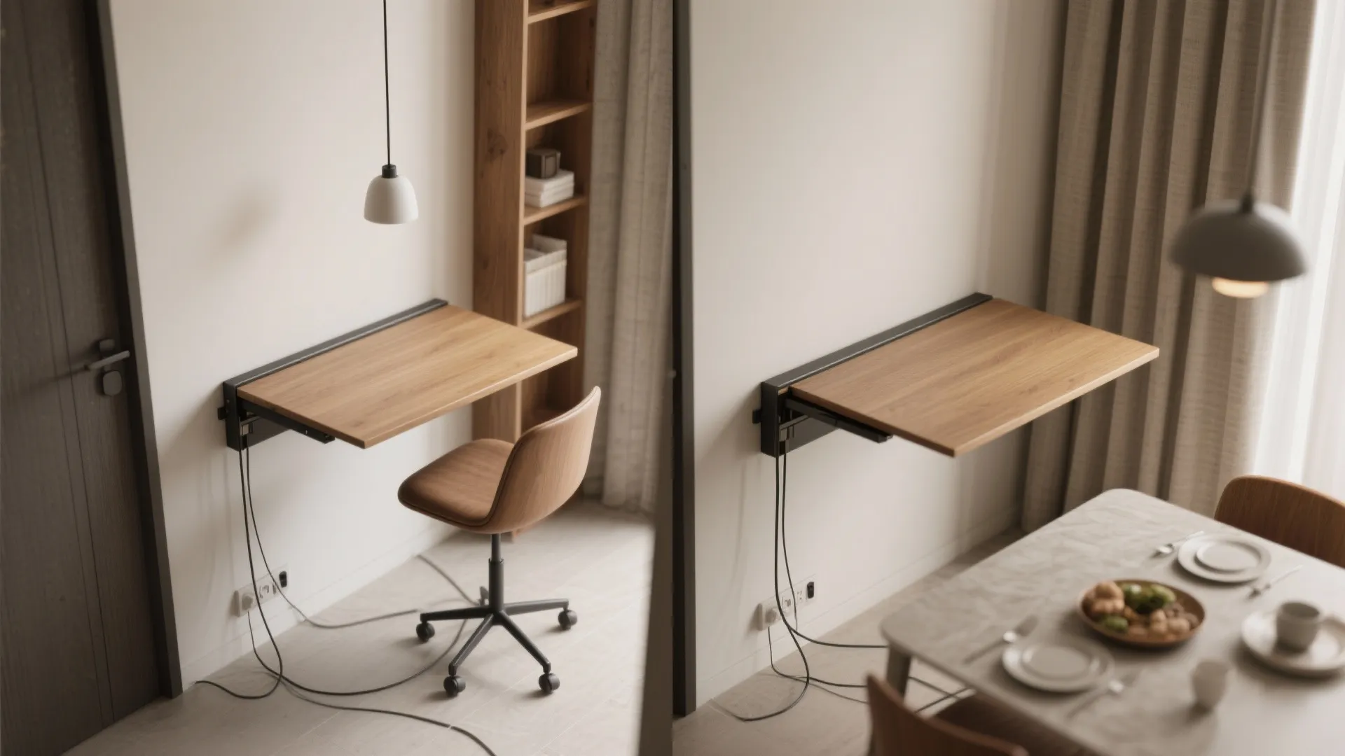 Top-down view of a fold-down wall workstation shown folded and extended to serve as a dining table.