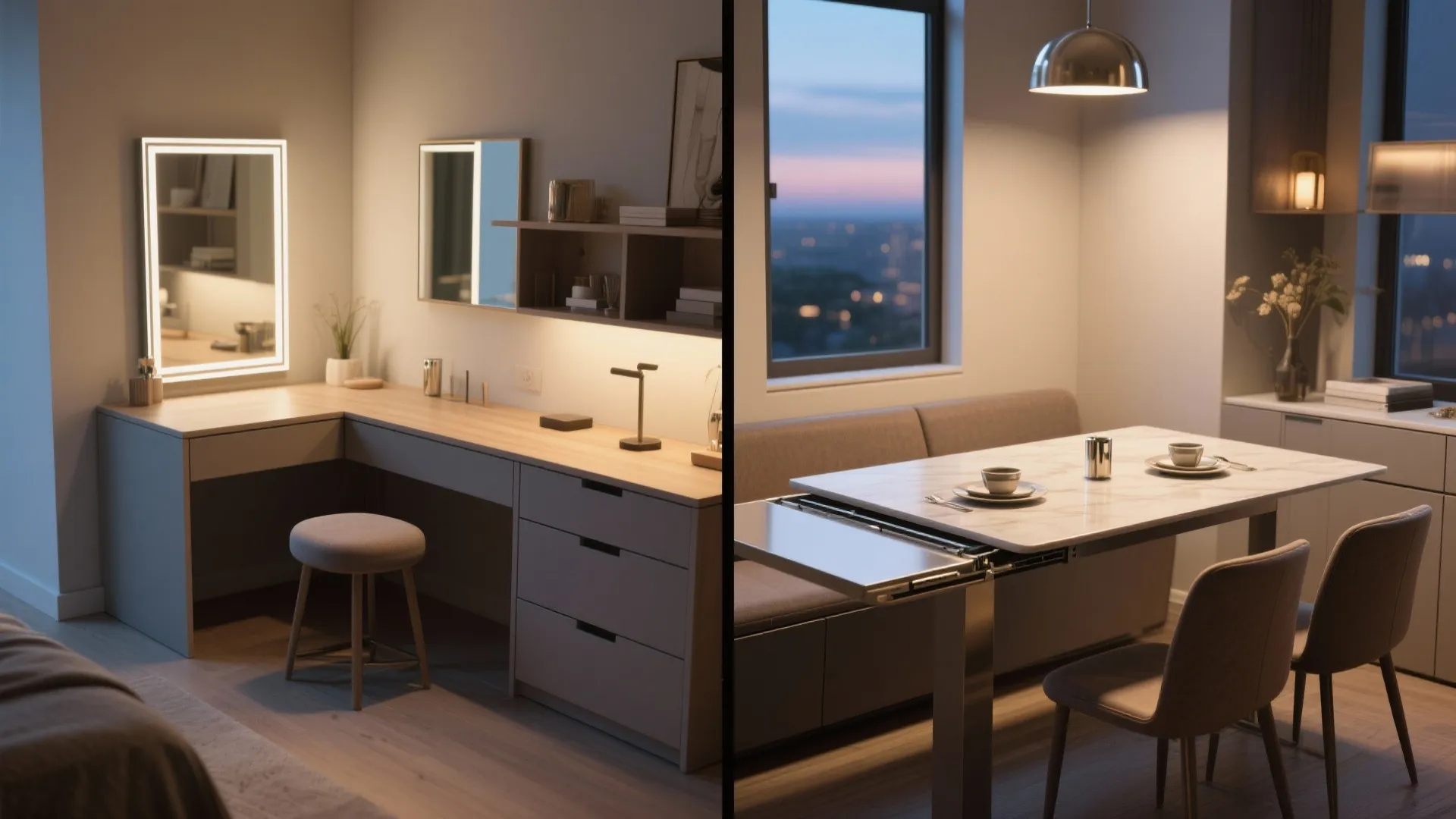 Side by side comparison of a makeup desk with mirror and an extendable dining table