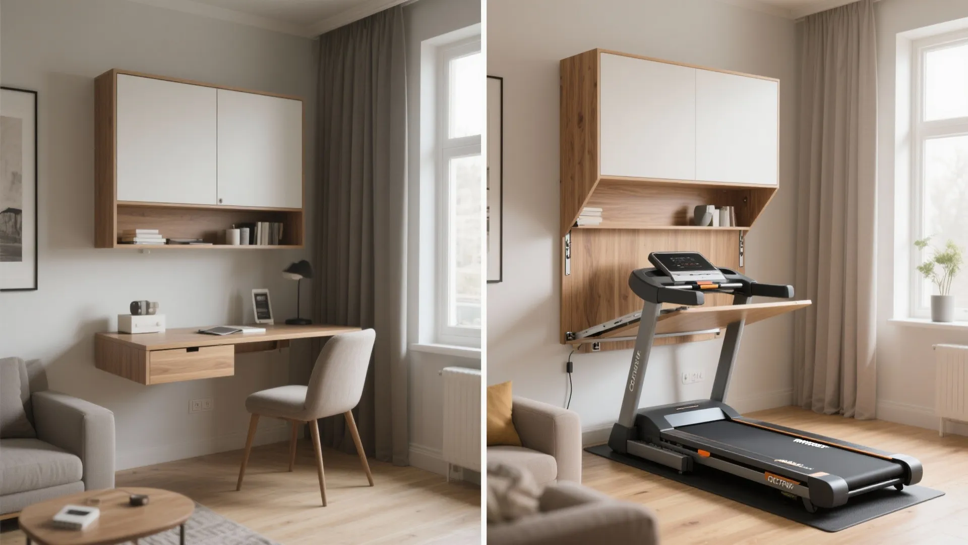Before and after comparison of a wall mounted desk transforming into a home fitness treadmill