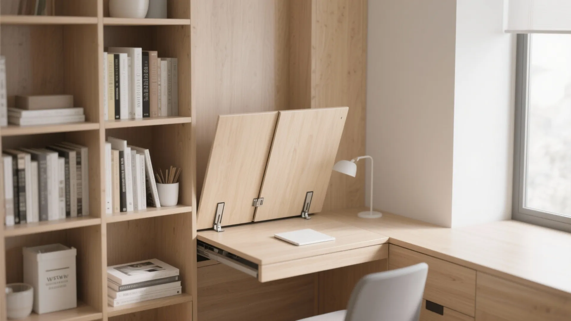 Folding wooden desk integrated into bookshelf unit next to window with small white table lamp