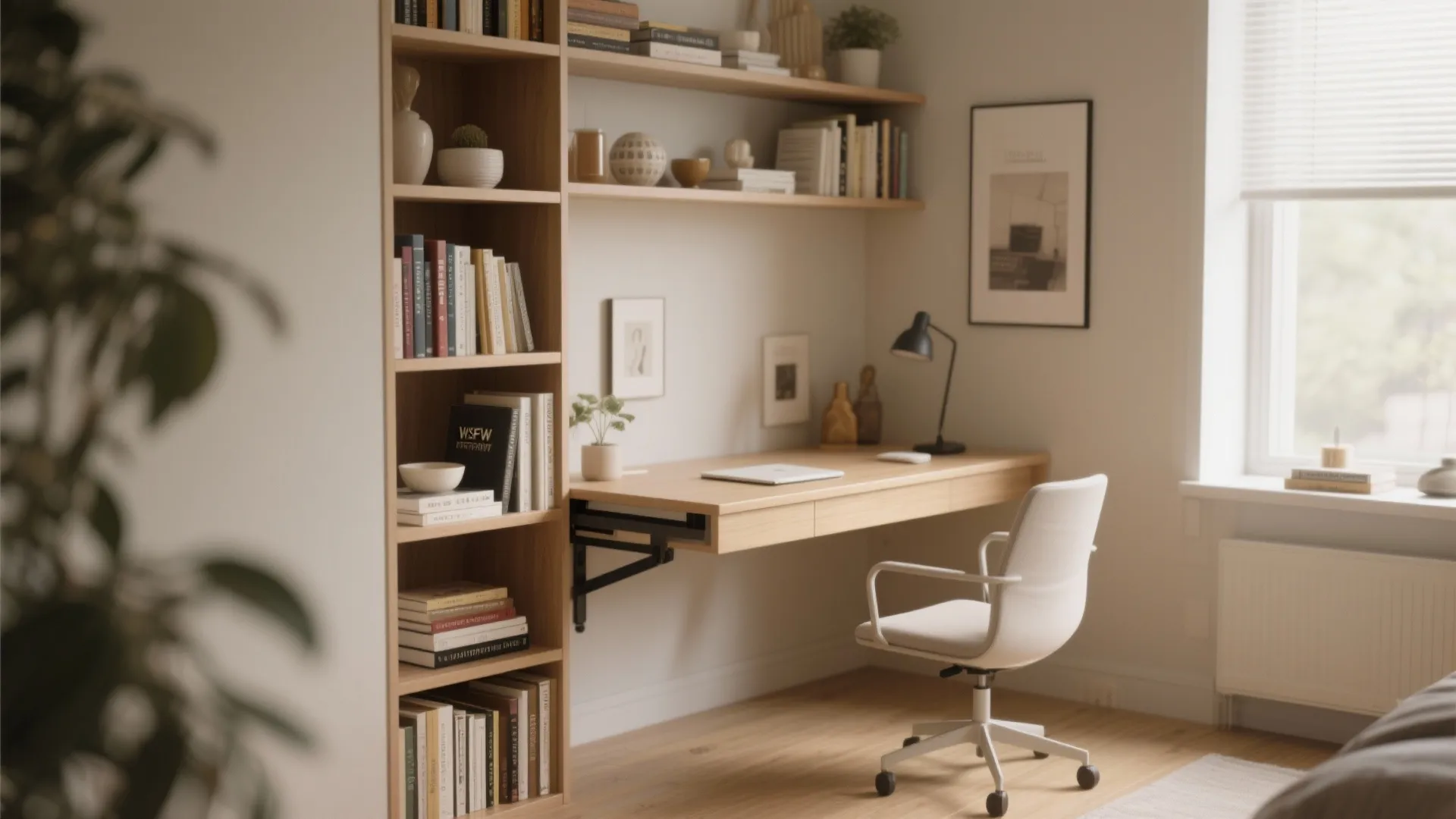 Wall mounted wooden desk with built in bookshelf and white chair in a bright room