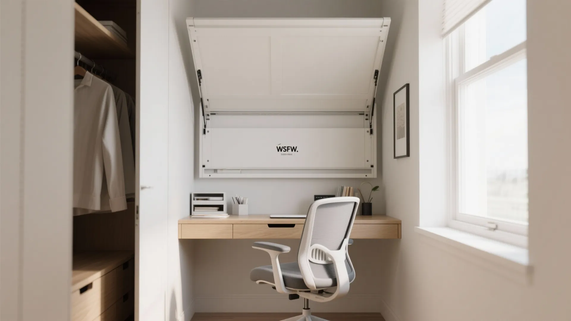 Closet office with foldable Murphy desk