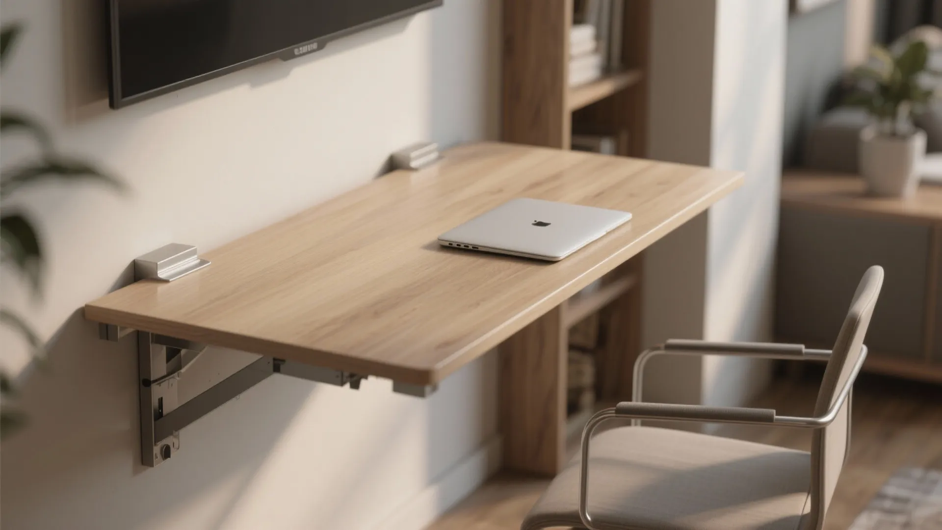 Modern wall mounted folding wooden desk with a laptop and a chair in a room