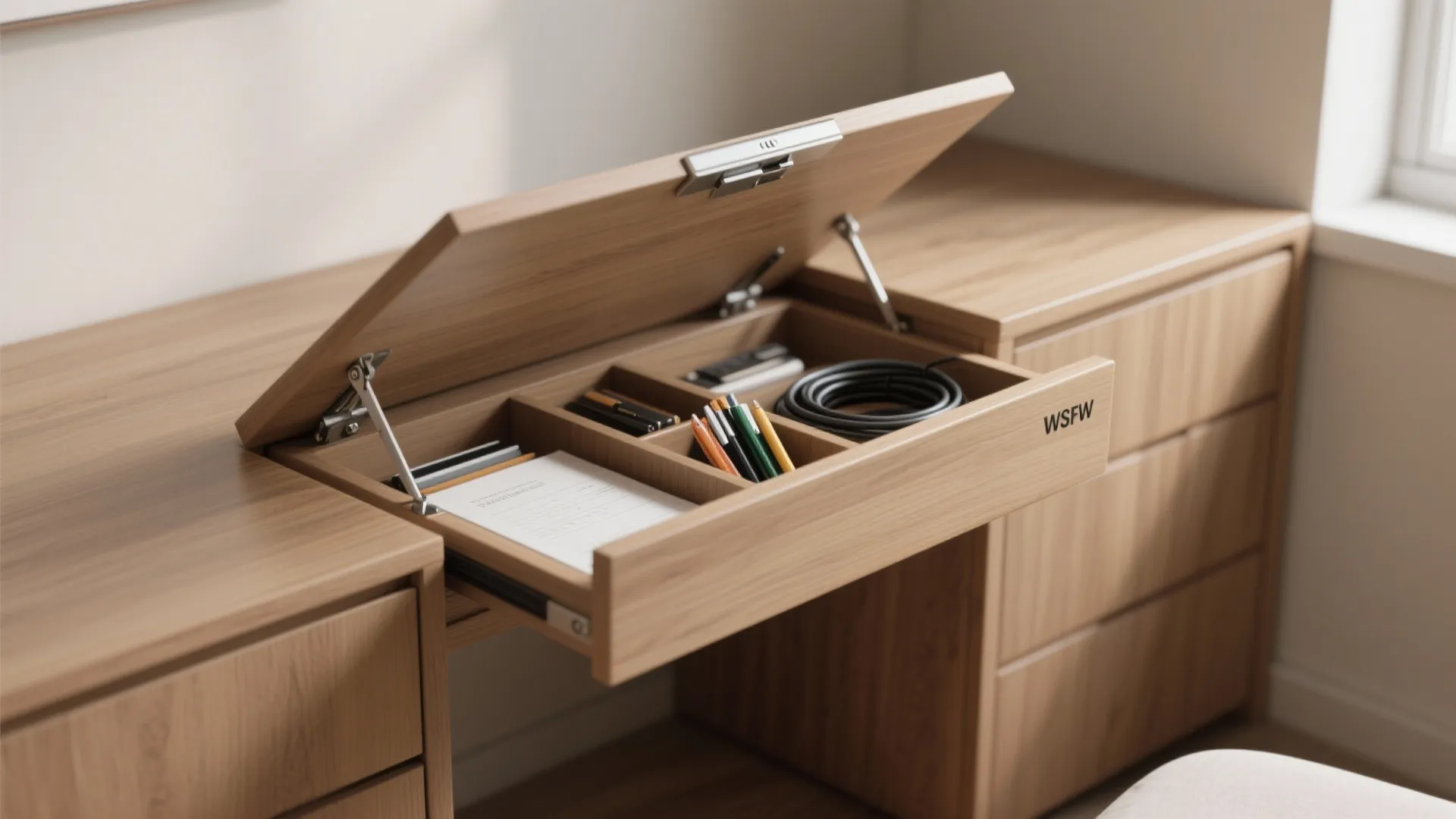 Close-up of convertible desk with lift-top storage space