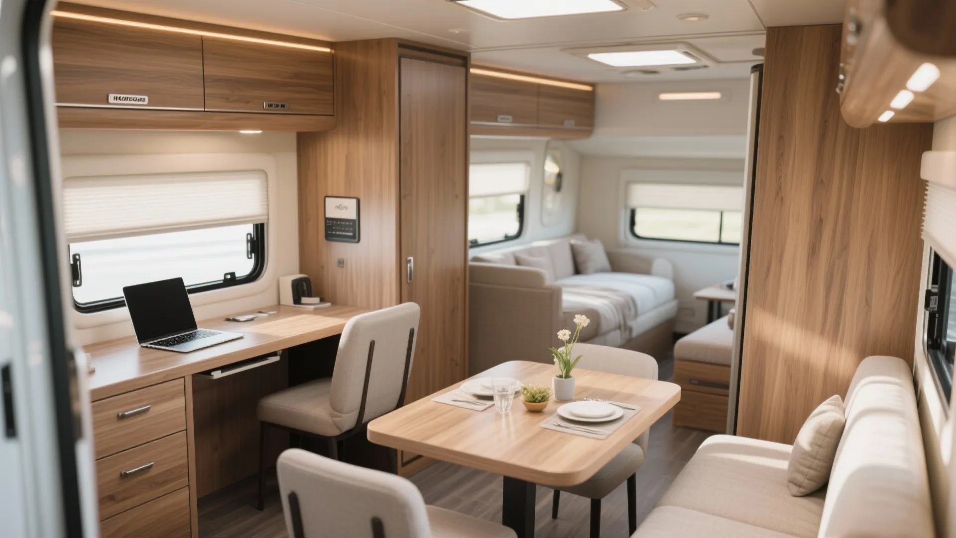 Modern caravan interior showing a wooden work desk with laptop and a separate dining table setup