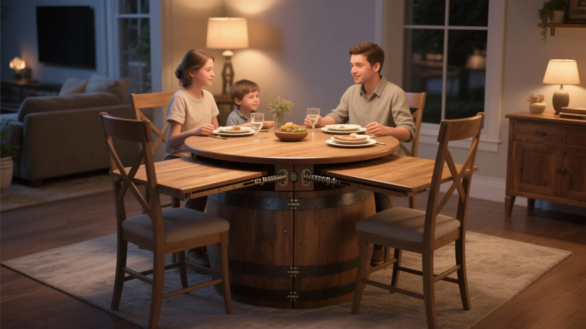 Family sitting at a round wooden barrel dining table with extendable leaves and four chairs