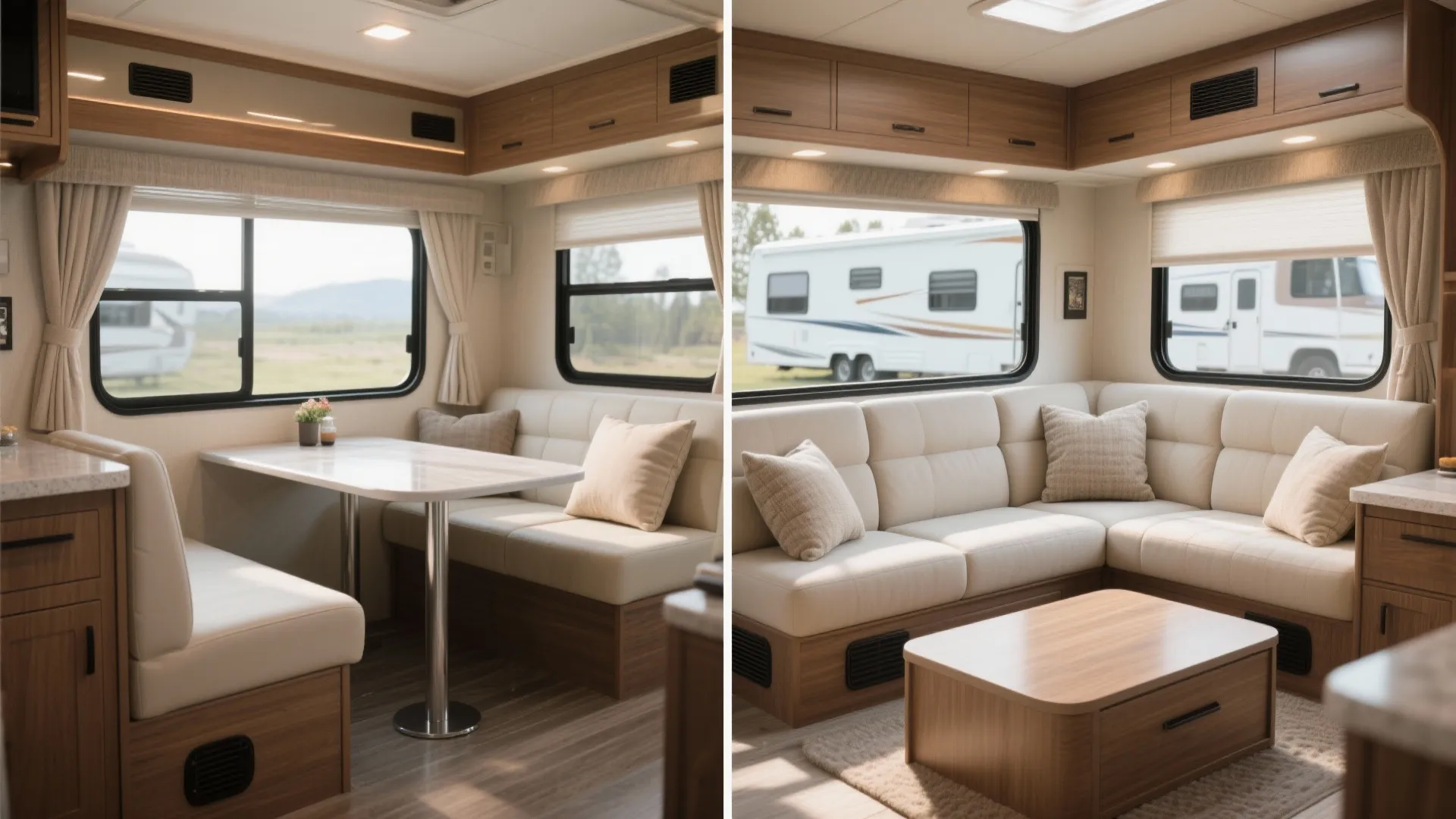 Modern caravan interior with beige sofa seating and wooden dining table near large glass window