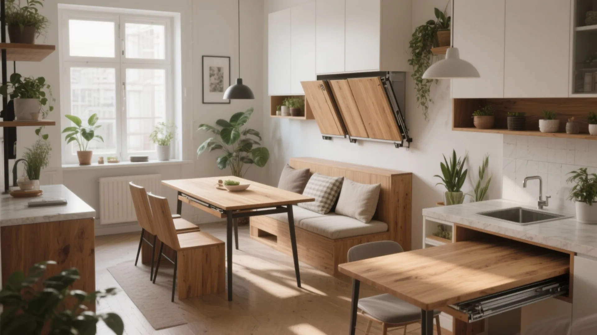 Modern kitchen with wooden dining table and chairs showing space saving furniture and white cabinets