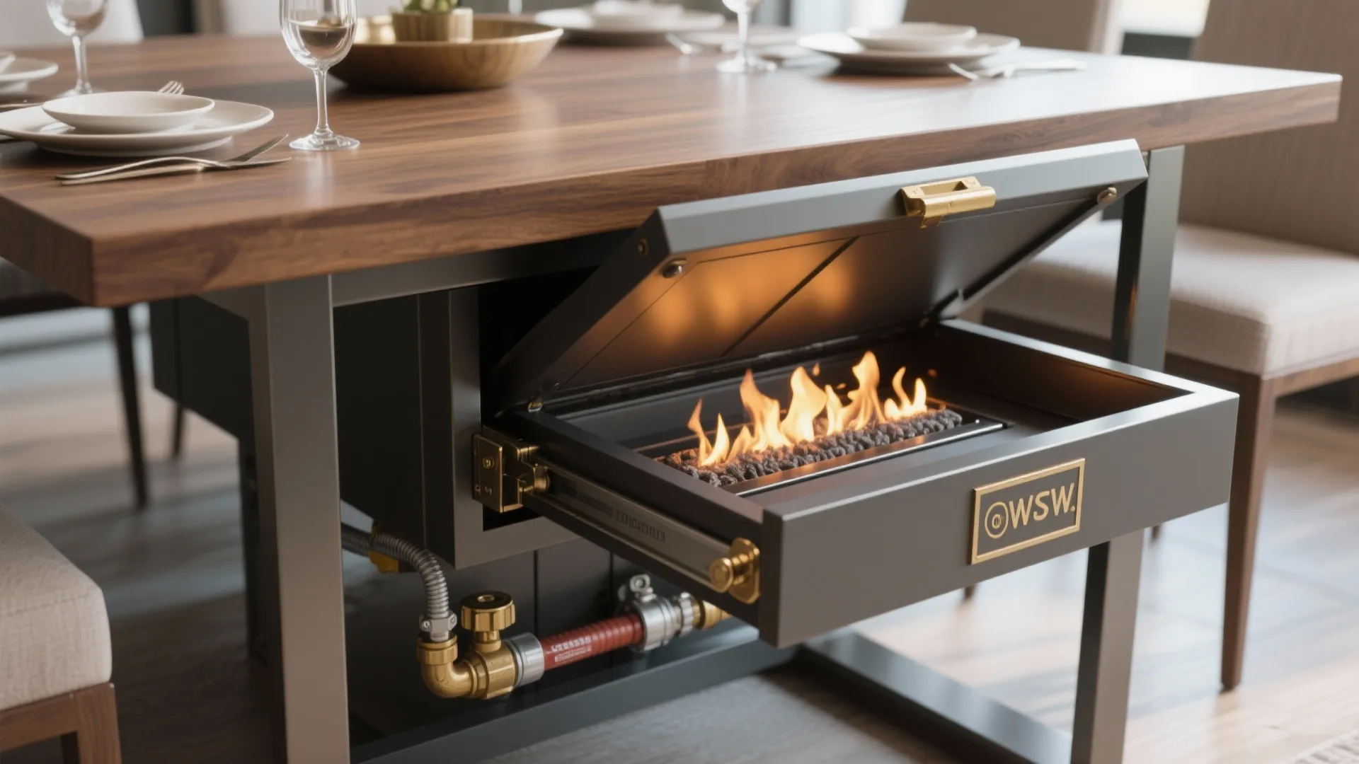 2. Convertible dining table with hidden propane fire pit
