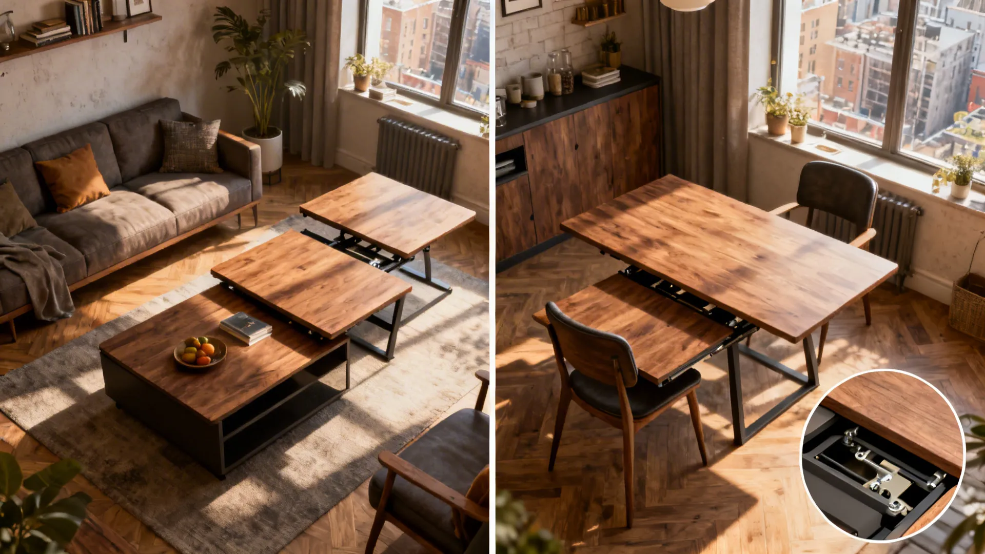 Convertible three-piece table set transforming from coffee table to dining surface in a compact living room