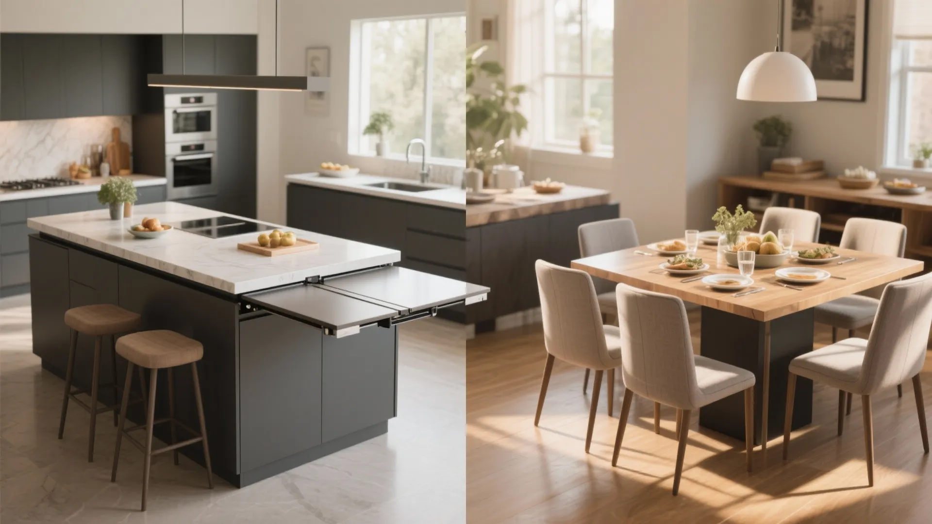 Kitchen island transitioning from prep space to dining table