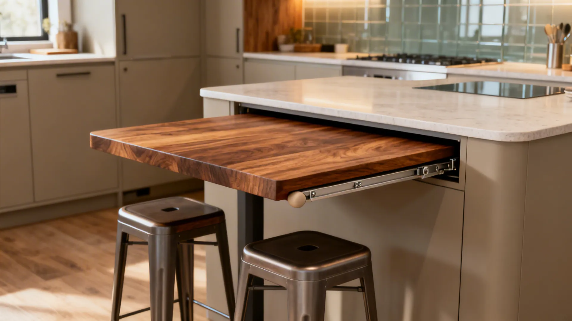 Slide-out walnut dining slab at a peninsula with two stackable stools in a small open kitchen.