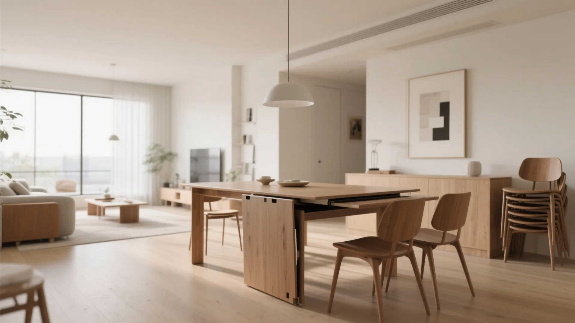 Wooden extendable dining table being opened in a bright modern room with wooden chairs around