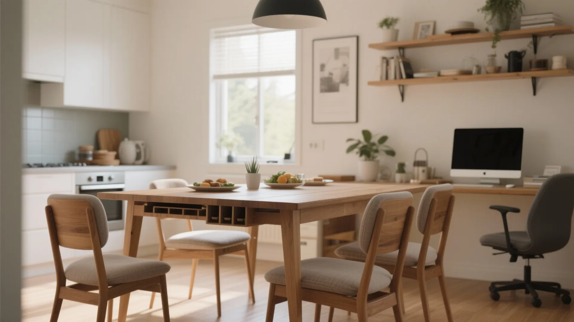 Wooden dining table with chairs near a home office desk featuring a computer and kitchen