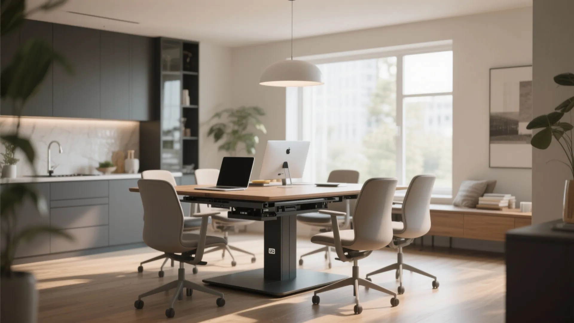 Height adjustable wooden table used as a workstation with laptop and chairs in a kitchen