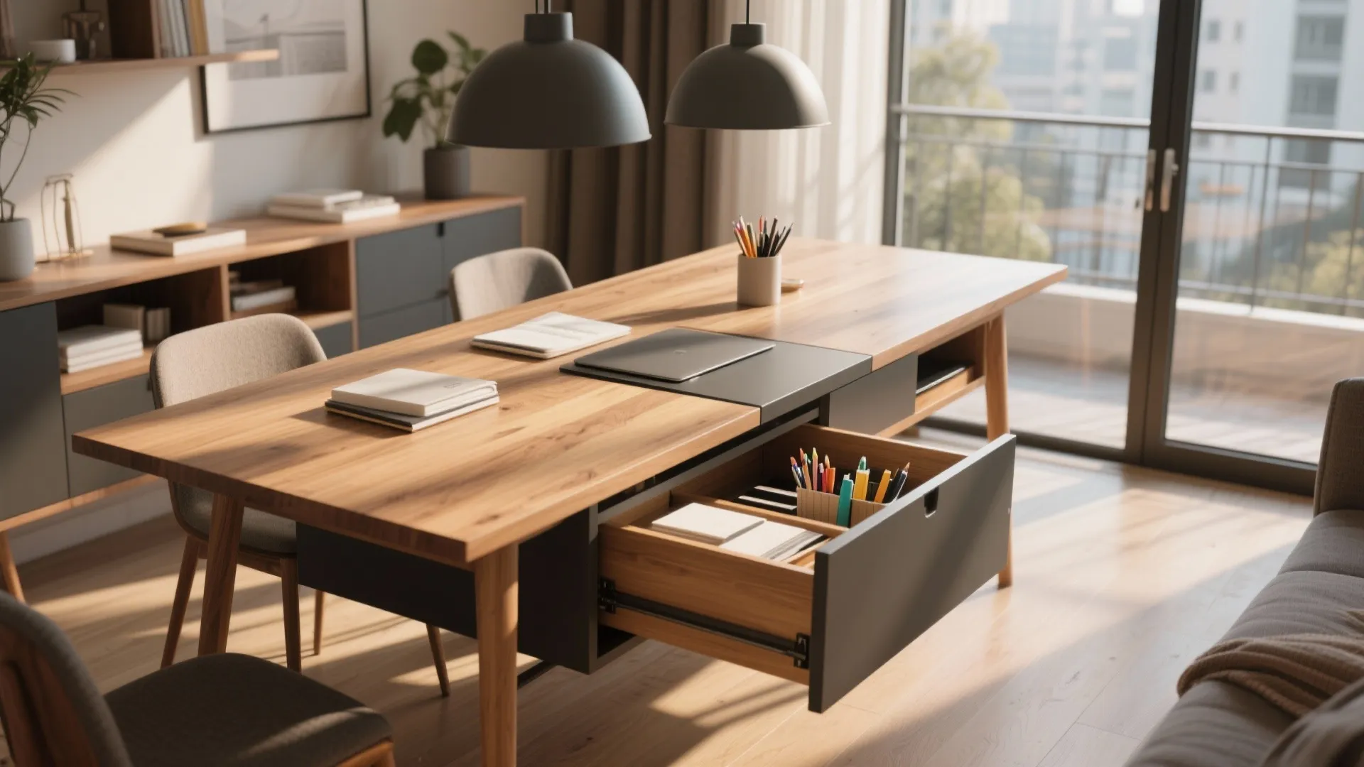 Convertible dining table with hidden storage transitioning to a work desk