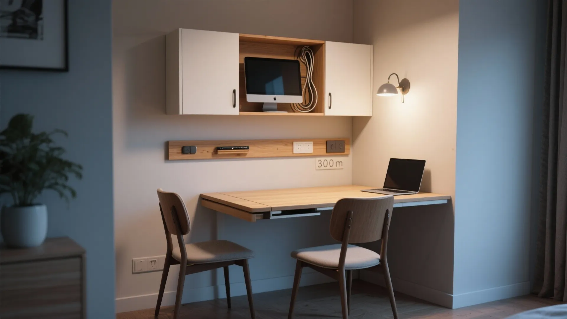 Small home office with wooden desk two chairs wall light white cabinets and laptop computer