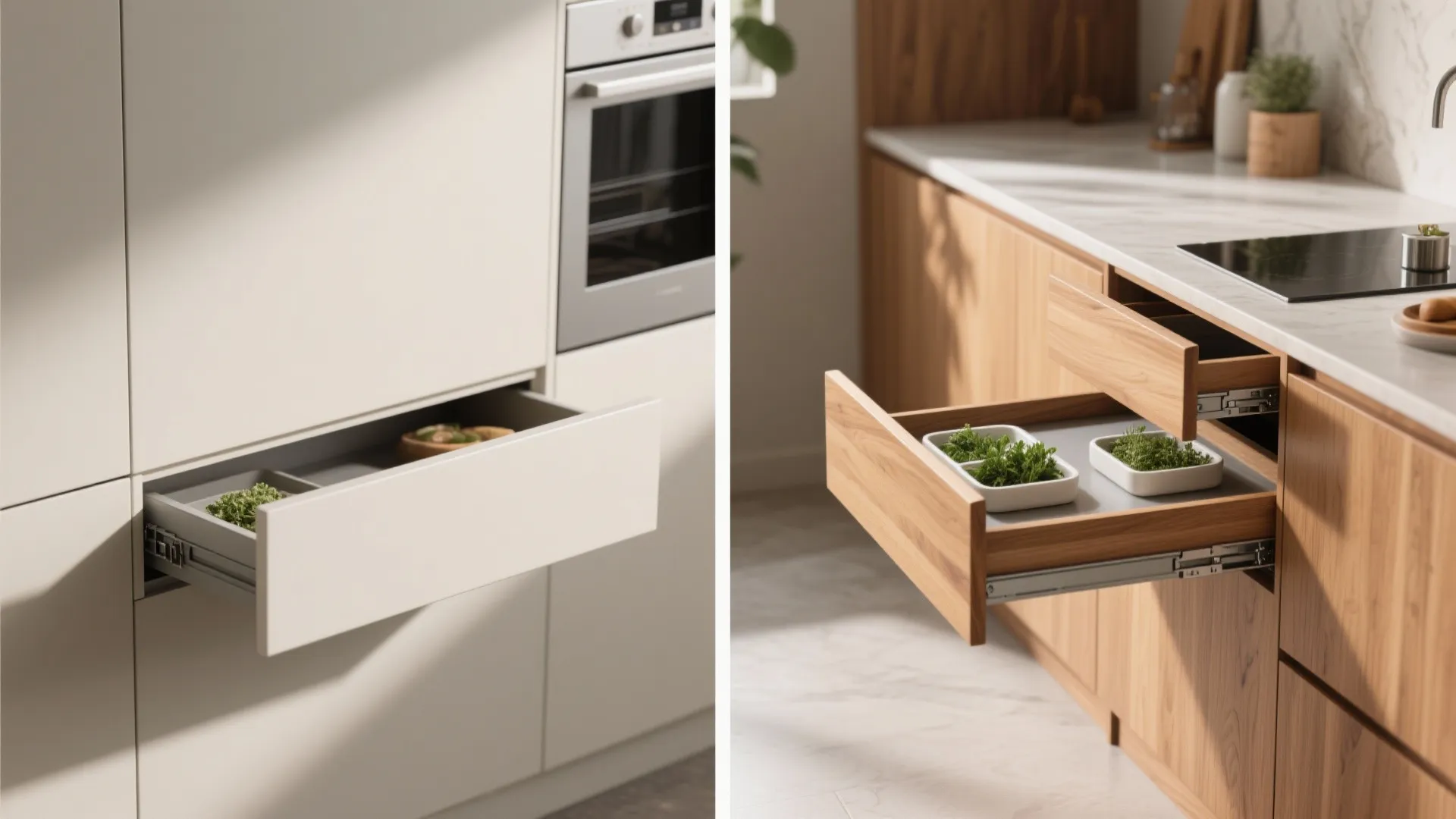 Before and after split view of a convertible narrow drawer folded out into a small prep surface with removable trays.