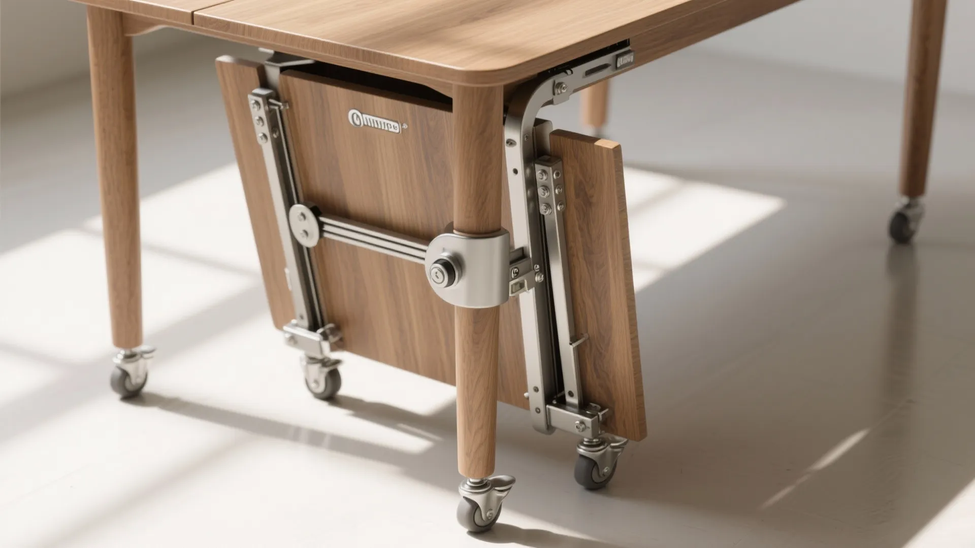 Close up of a wooden table showing metal folding mechanism and legs with small gray wheels