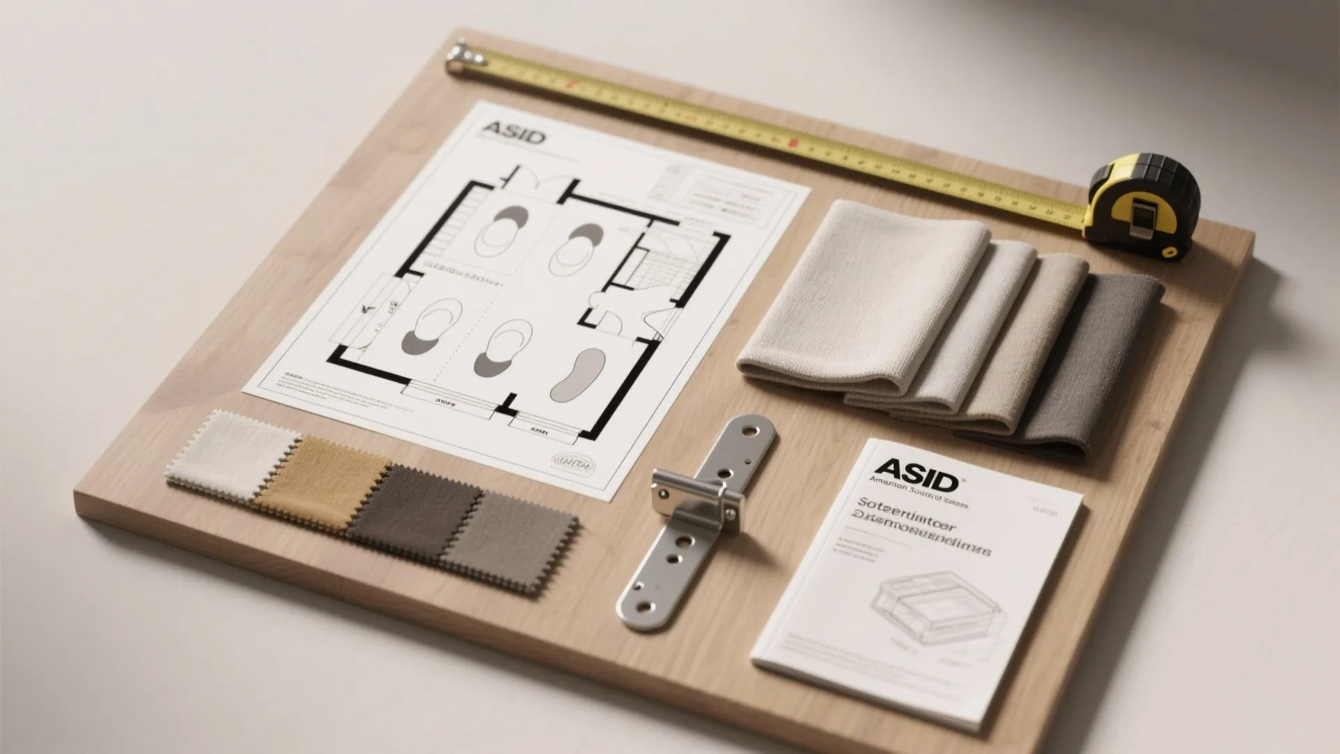 Top-down flatlay of measuring tape, floor plan, fabric swatches, hinge sample and ASID booklet for small-space seating planning.