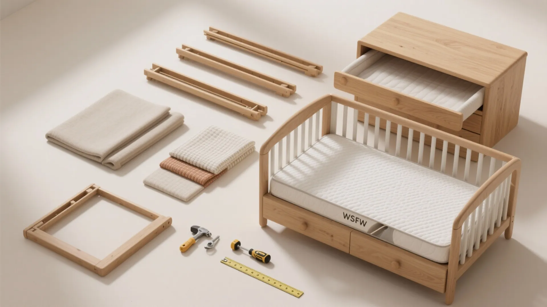Disassembled wooden baby bed parts laid out on the floor with basic hand assembly tools