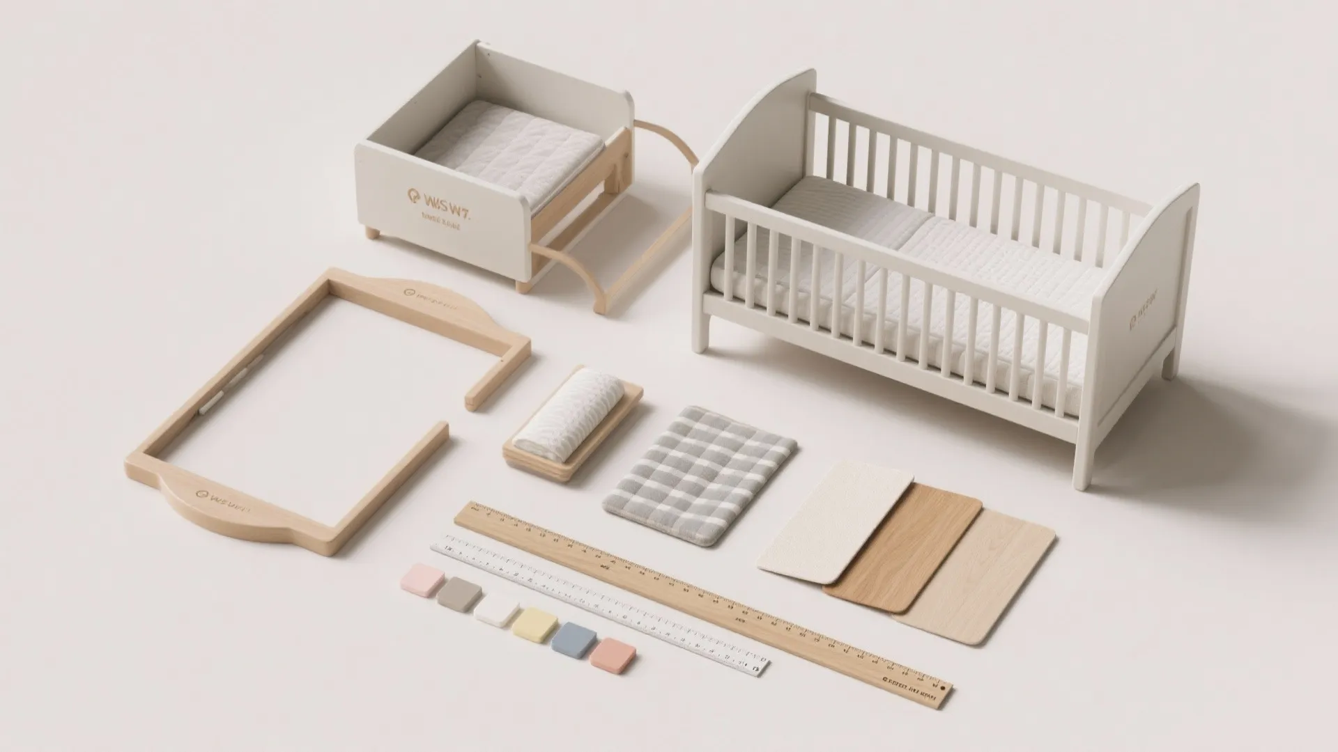 White baby bed parts and wooden pieces organized on a floor for an interior design project