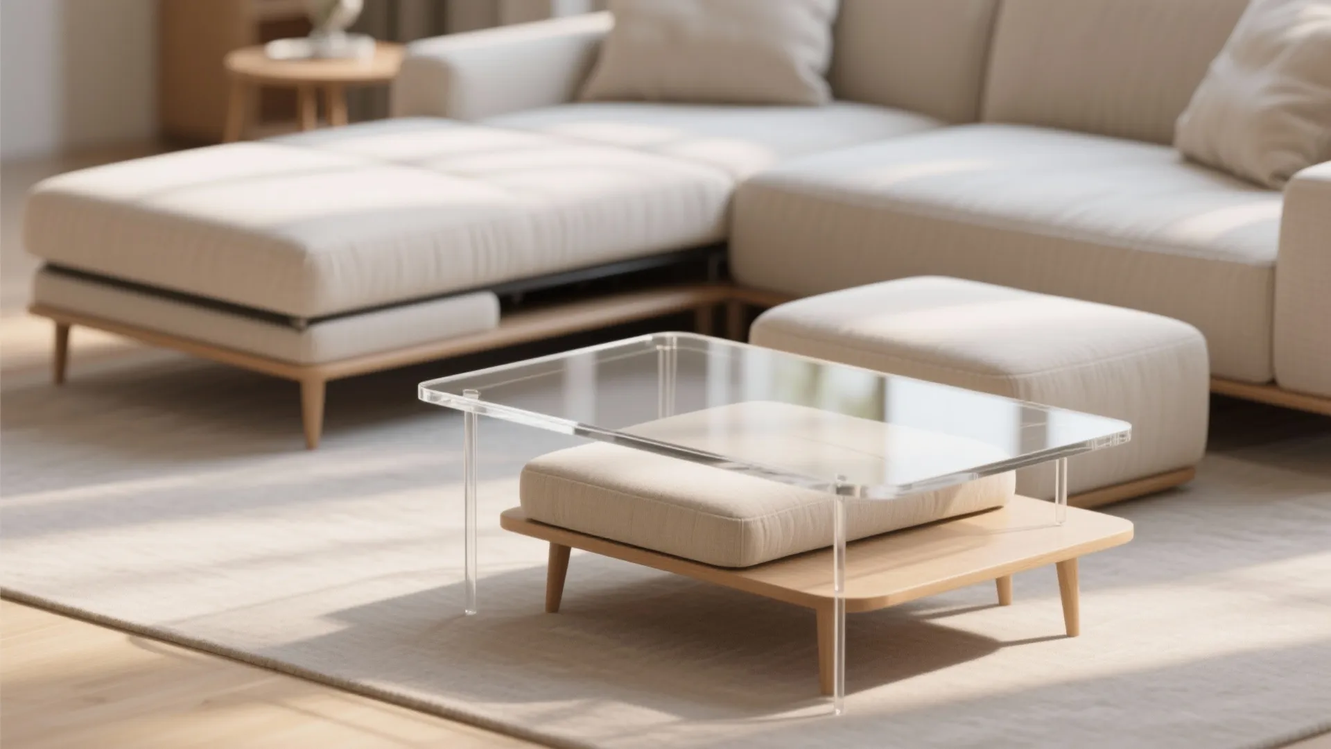 Modern beige sofa with clear glass coffee table and footrest on a soft grey rug