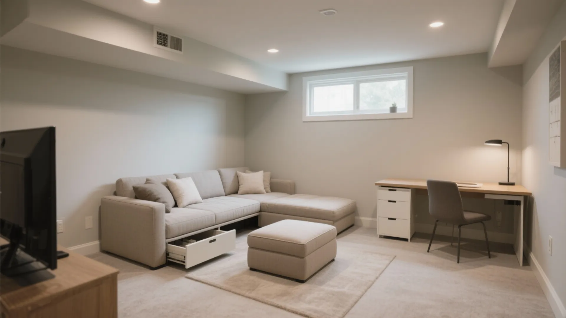 Modern basement room with grey sofa having storage drawer footrest wooden desk chair and window