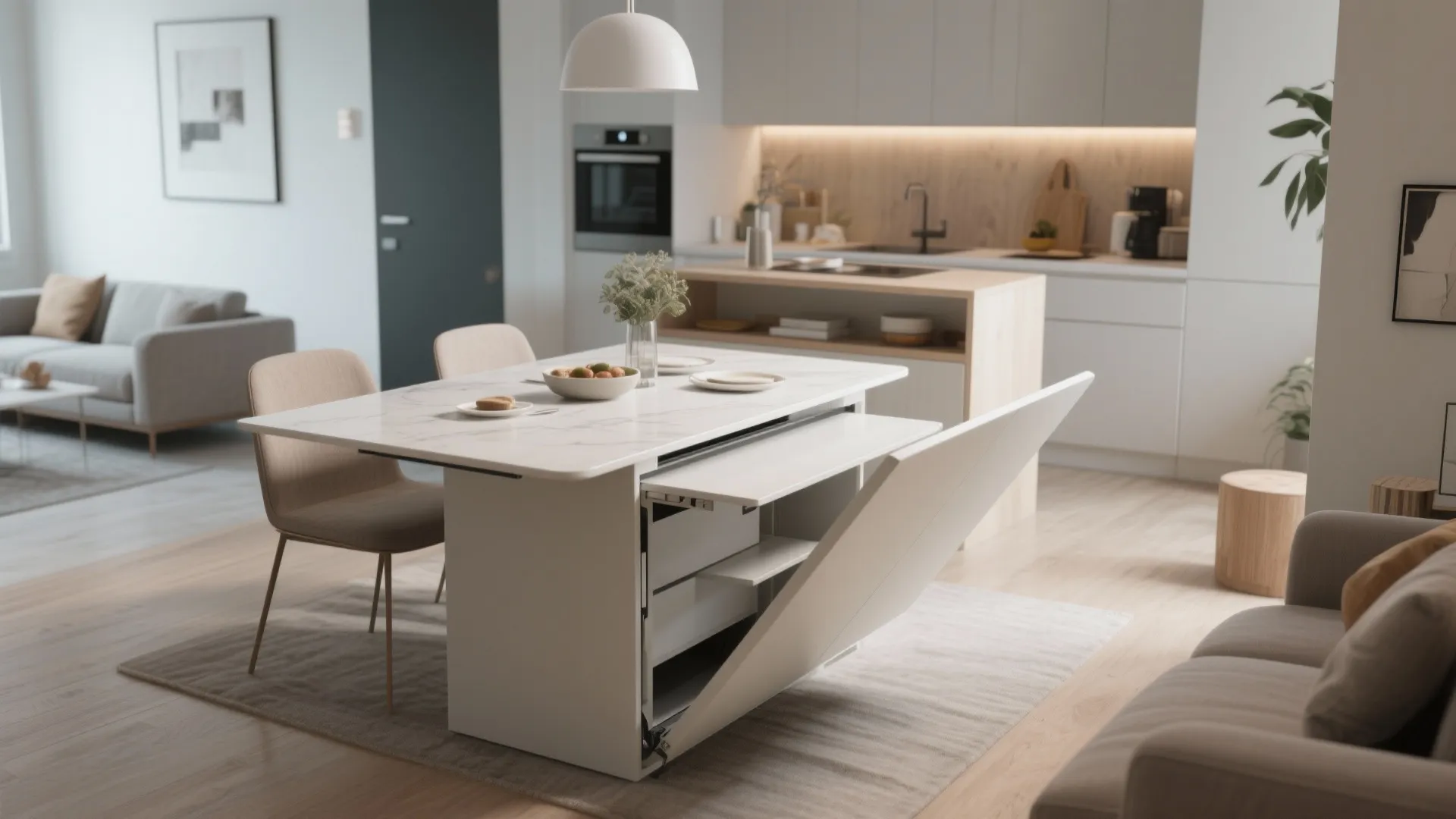 Modern white convertible dining table showing internal storage and folding mechanism in a bright kitchen apartment