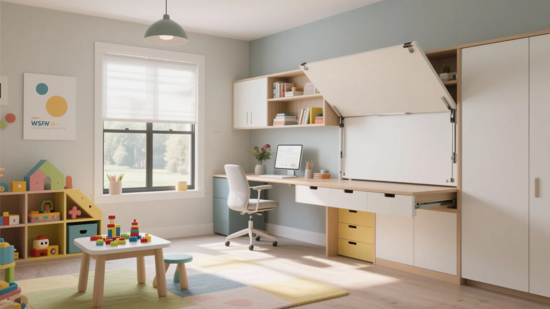 Functional kids room featuring a desk with a fold-down bed and wooden storage furniture units