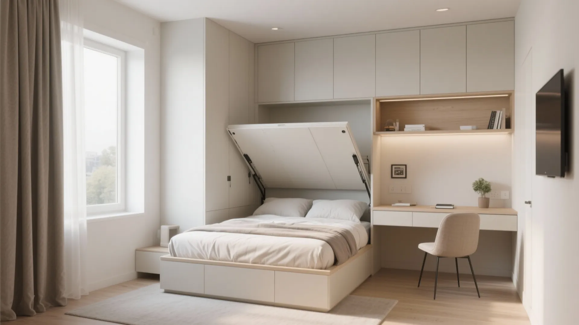 Modern small room with white folding bed desk unit chair and neutral curtains for space saving