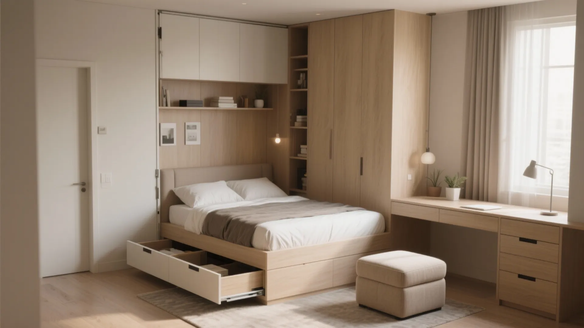 Murphy bed and pull-out desk in a multifunctional bedroom
