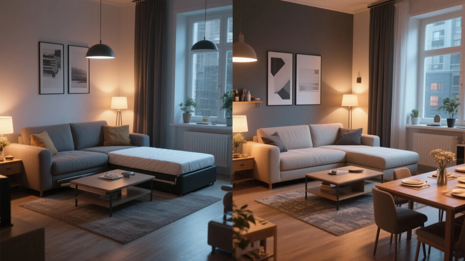 Before and after comparison showing a sofa turning into a bed in a modern living room
