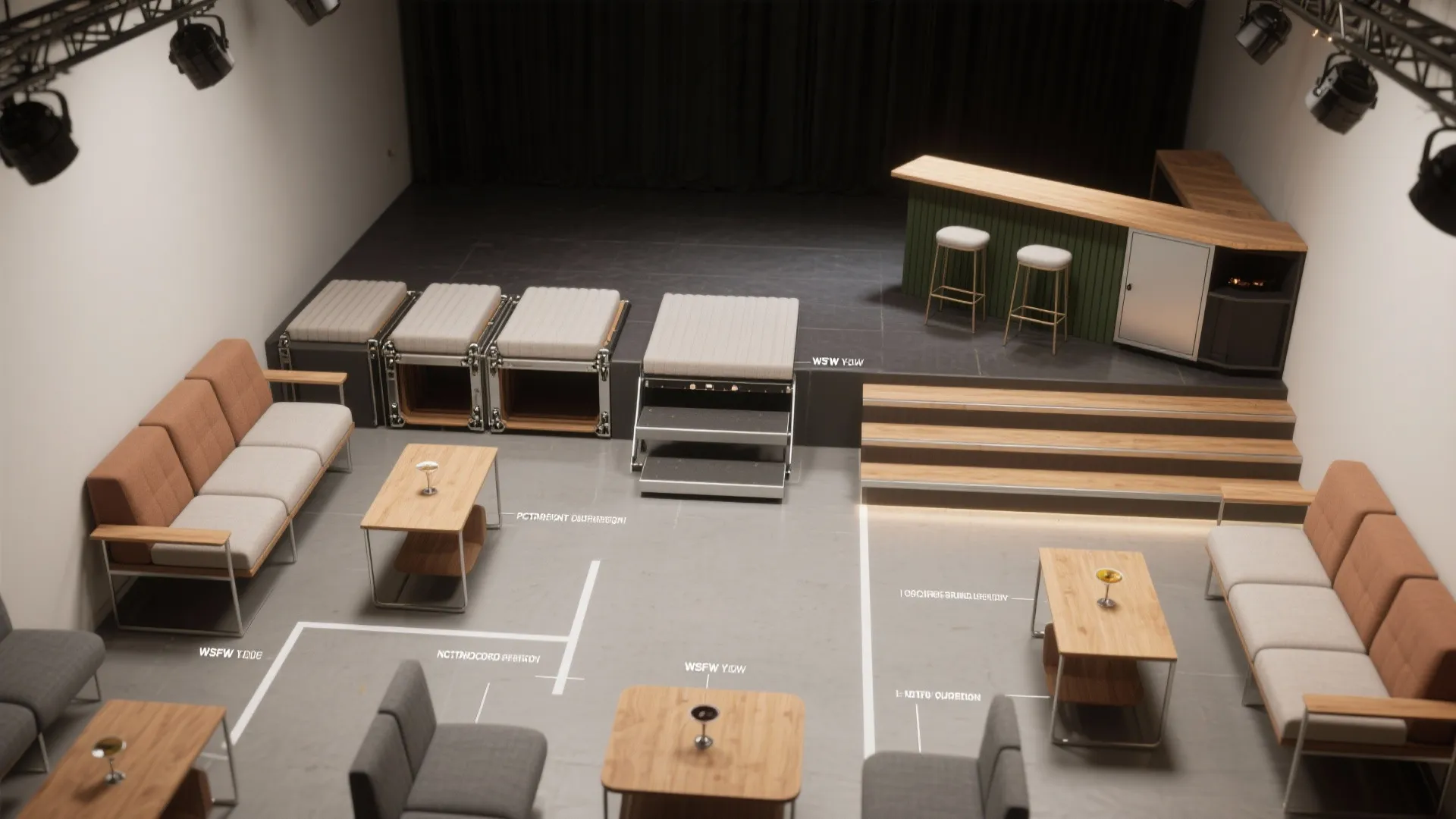 Modern interior design drawing of a lounge area with sofas coffee tables and a bar counter