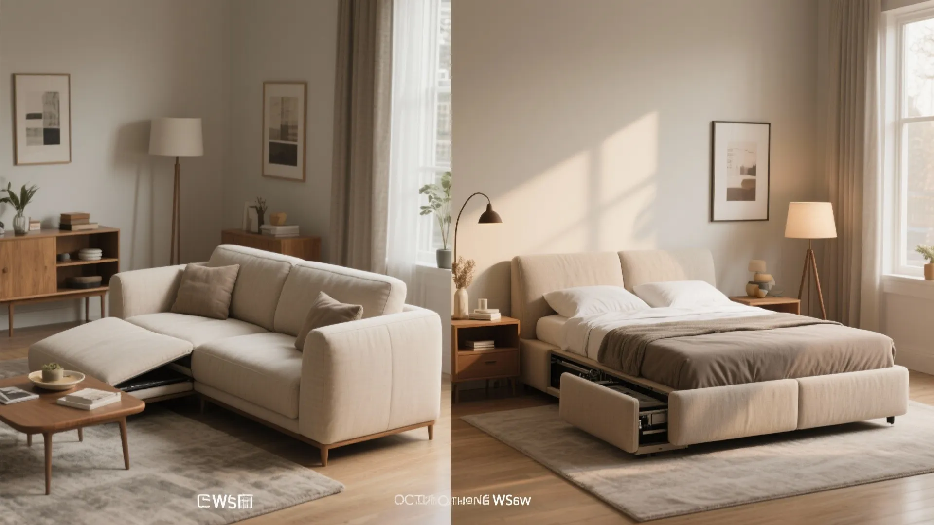 Beige sofa that transforms into a bed in a modern room with light wood flooring
