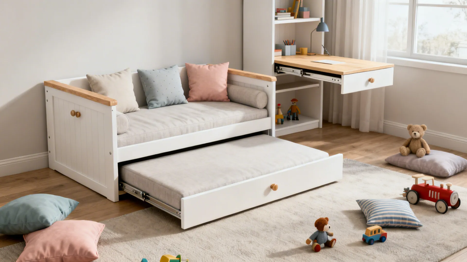 Convertible trundle turning into seating and a fold-down desk converting to a shelf in a small kids' room.