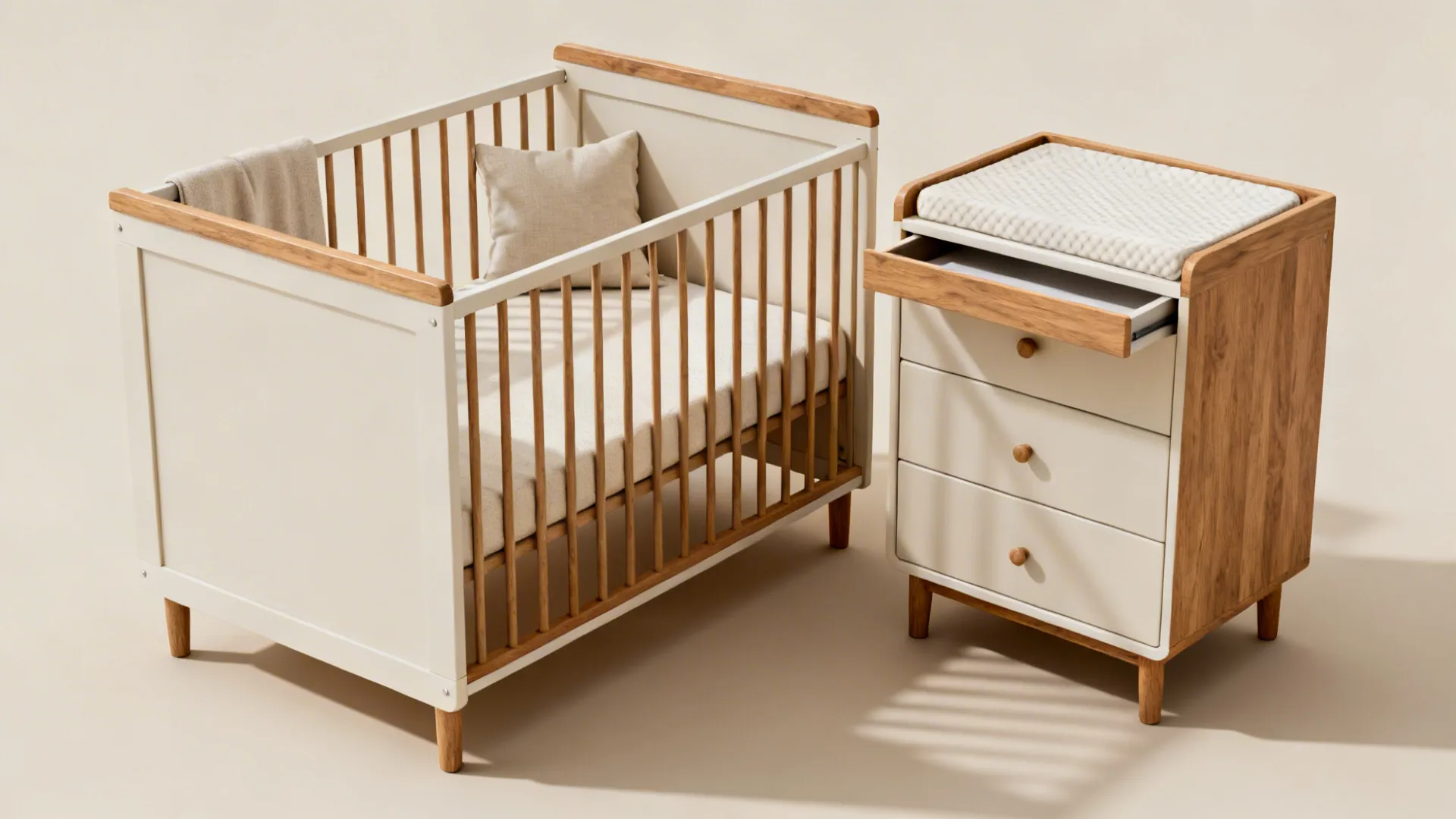 Compact nursery with a convertible mini crib and a dresser that doubles as a changing station.