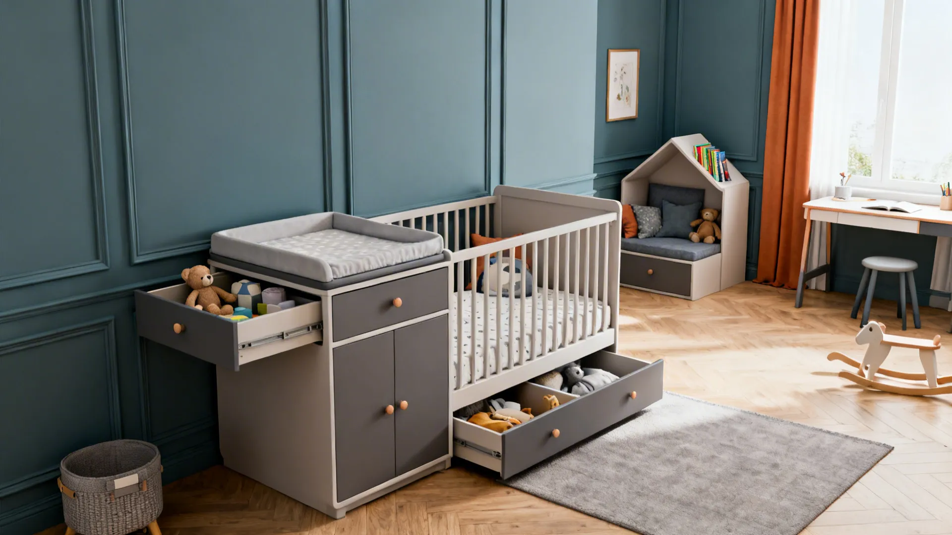 Nursery with grey convertible crib including changing table and drawers against a blue wall panel