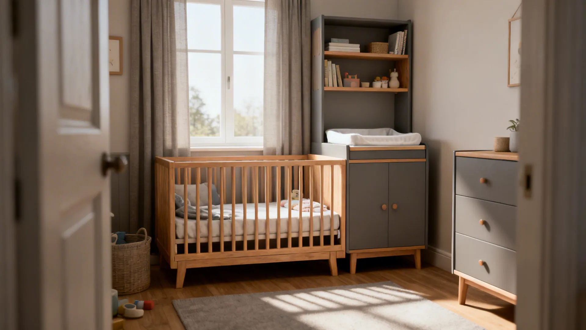 Small nursery with convertible crib, changing top shelving and slim dresser in neutral tones.