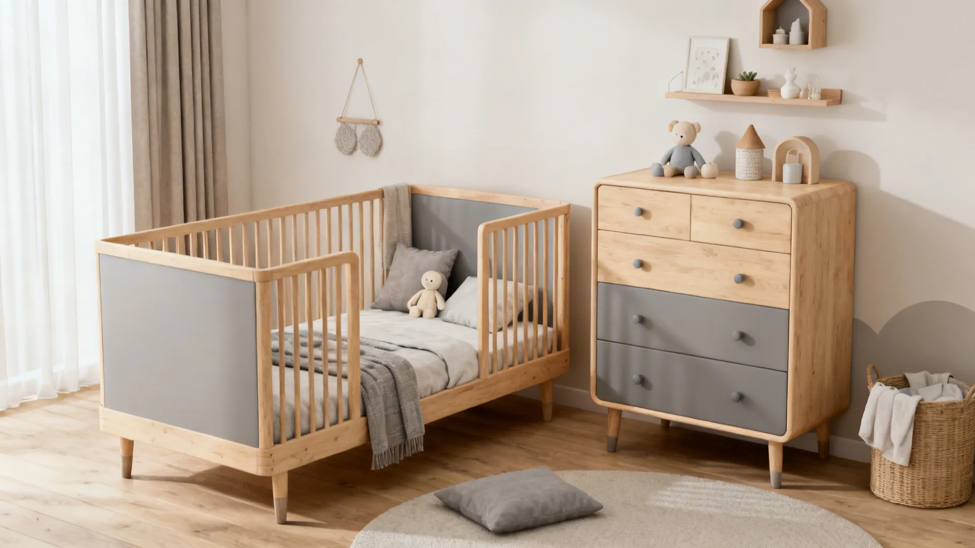 Convertible crib and compact dresser arranged in a small nursery to save space.