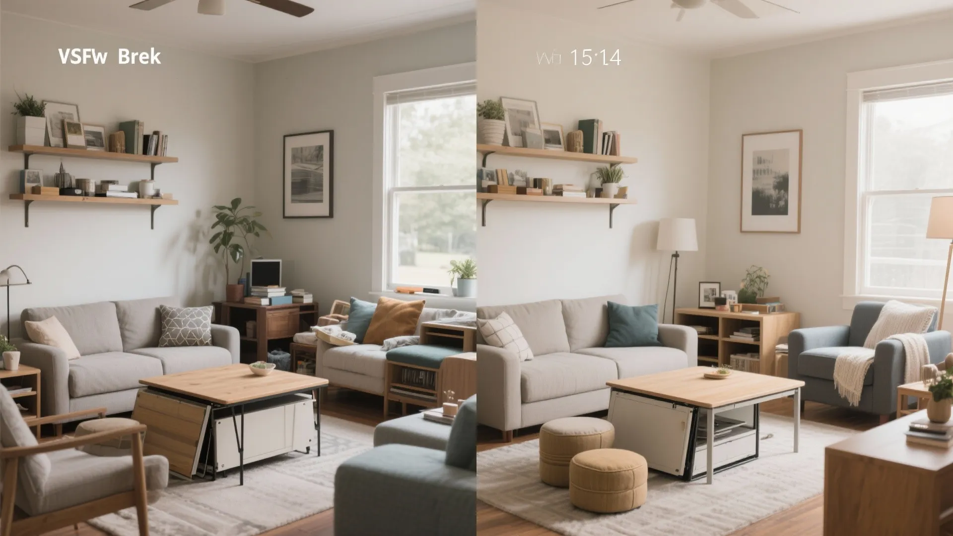 Before-and-after comparison of a messy living room versus a clean organized space with convertible furniture