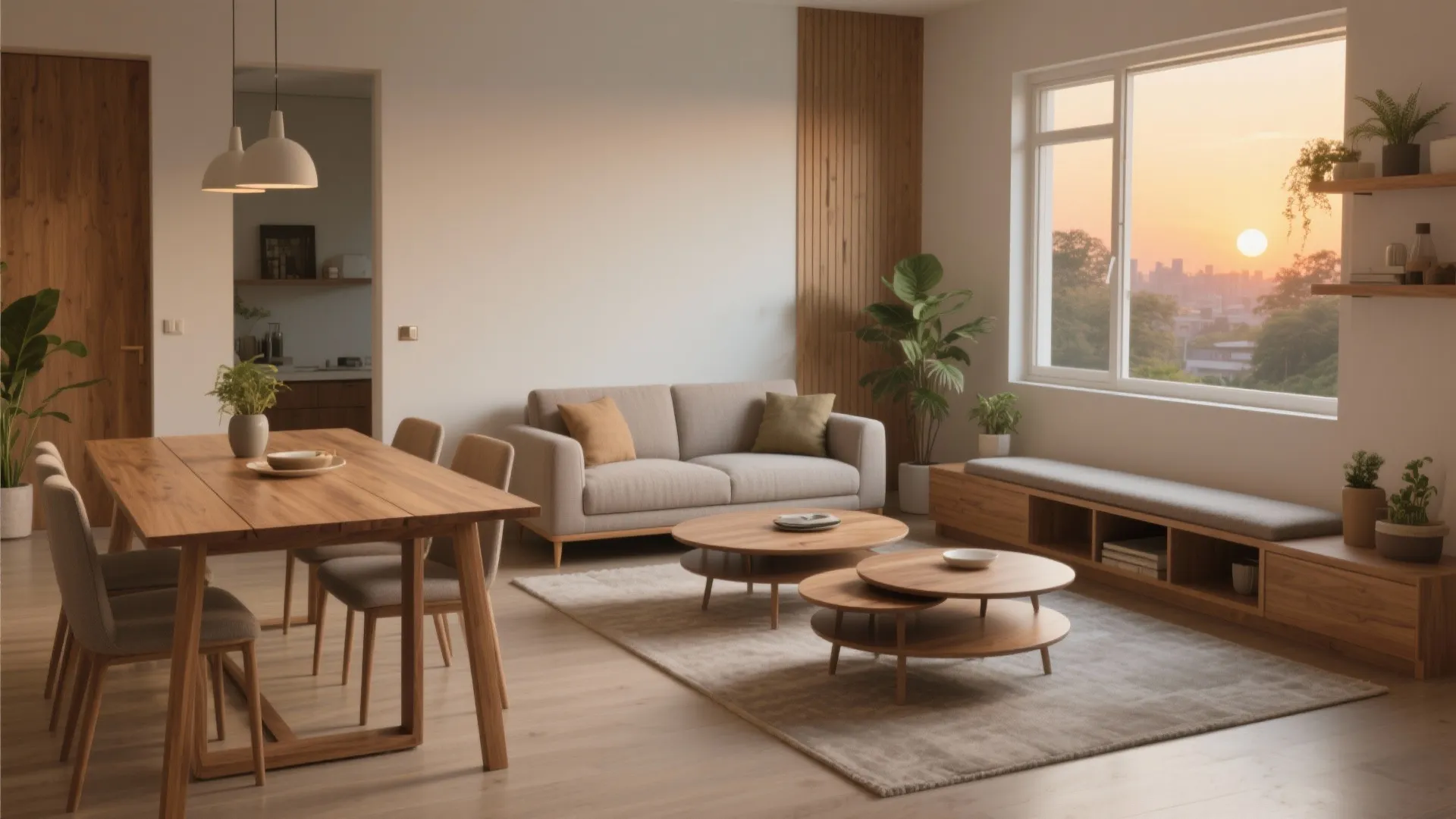 Warm open living room with wooden dining table sofa round coffee tables and sunset window