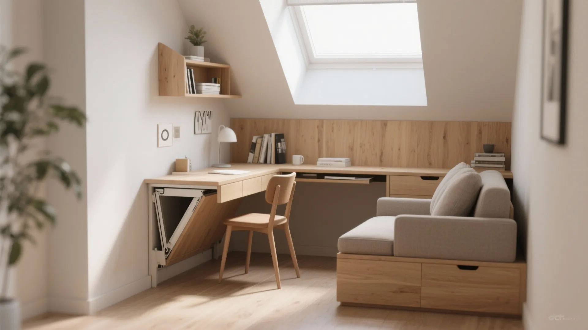 Fold-down desk setup in a compact study room
