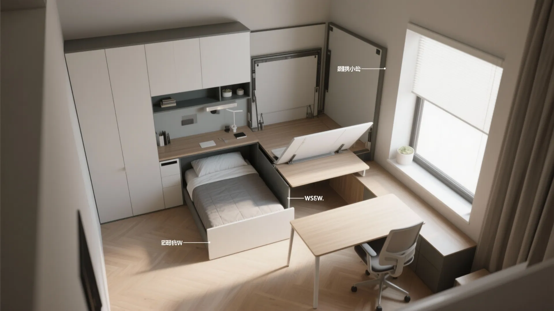 Top-down view of fold-away desk and convertible furniture in a compact home office