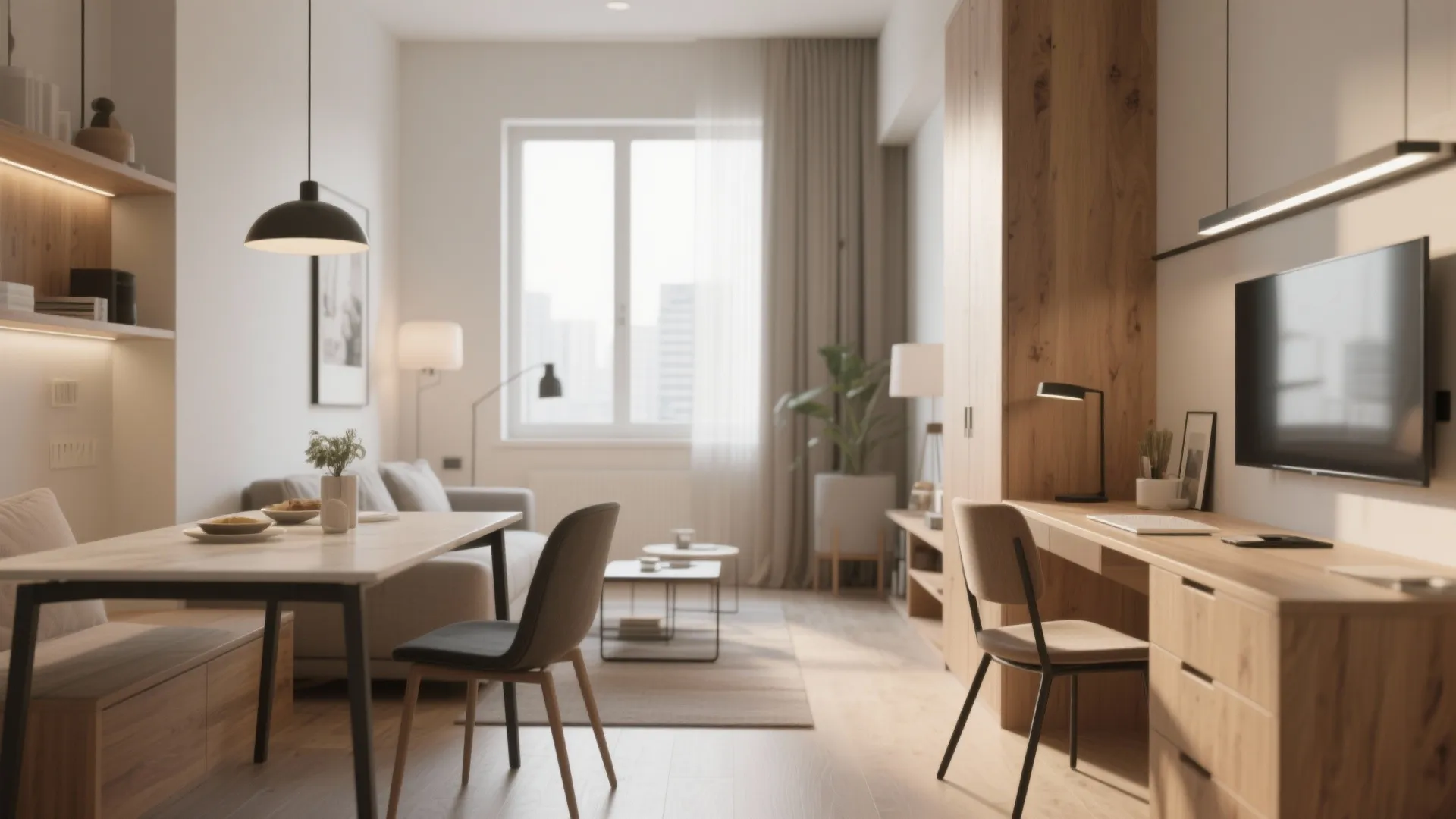 Modern apartment interior design drawing with wooden desk and television in a light neutral room