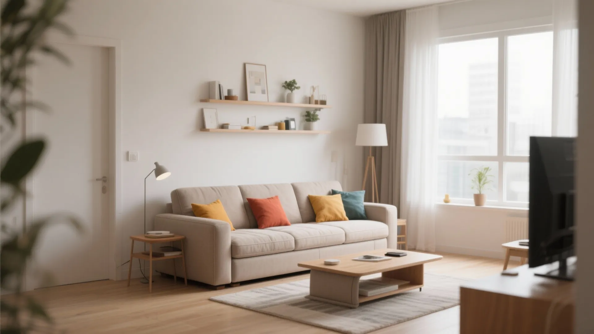 Modern bright living room with beige sofa colorful pillows wooden coffee table and wall mounted shelves
