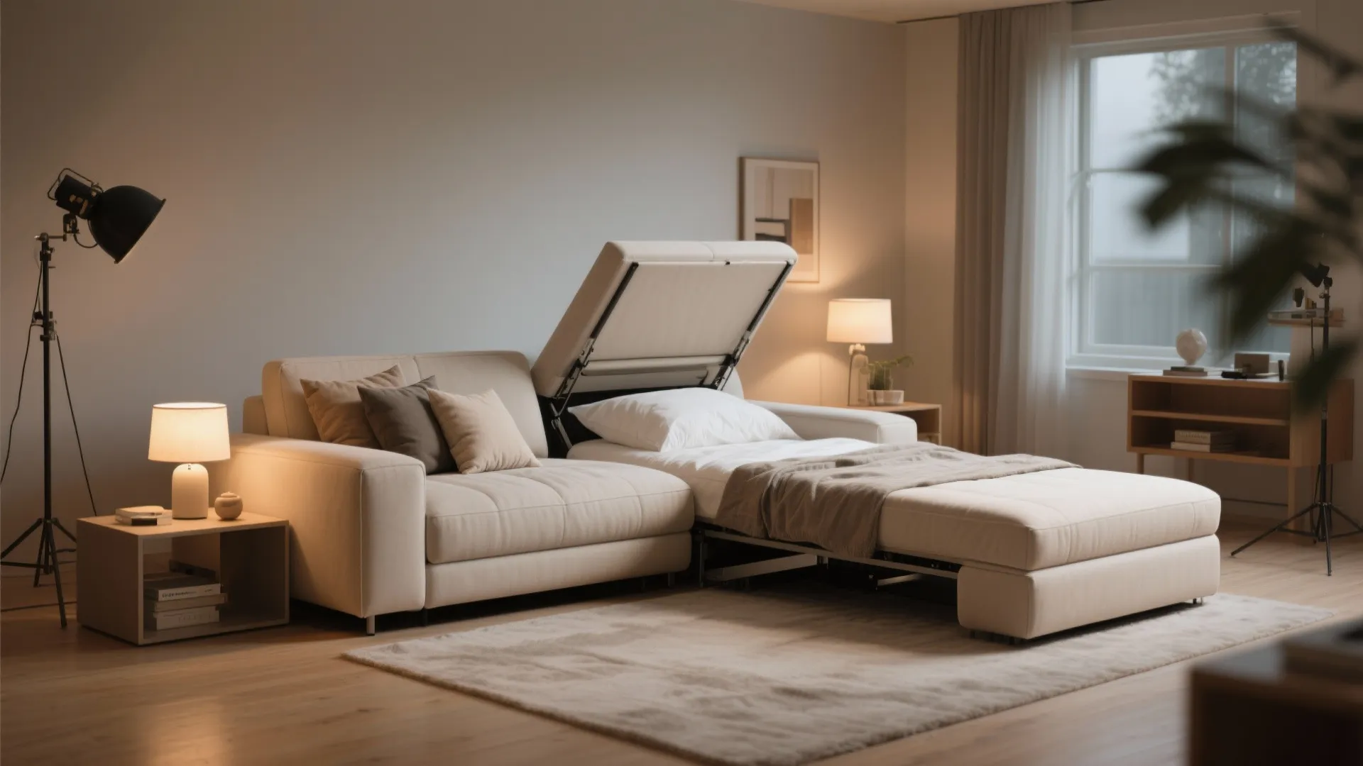 Cream sofa bed being opened into a sleeping position with a pillow and a soft blanket