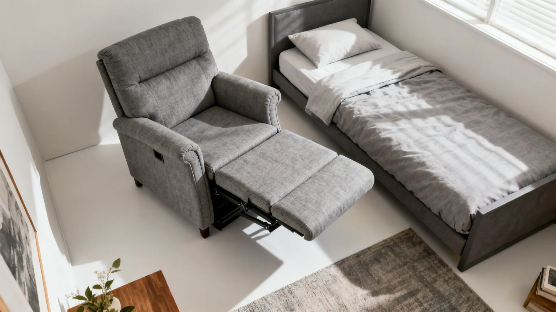 Convertible gray accent chair shown in chair and reclined guest mode in a small studio setup