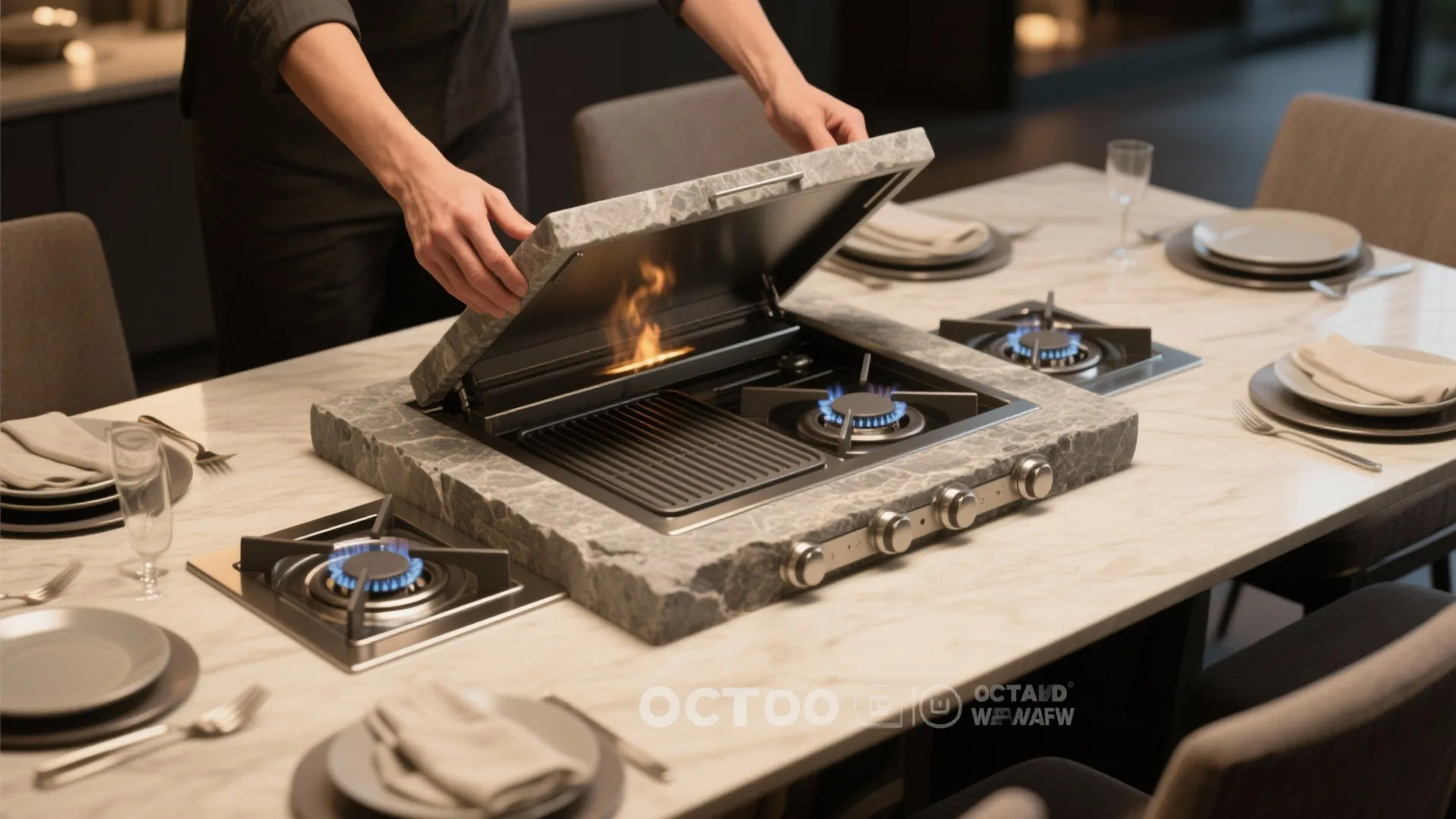 Person opening a stone dining table to reveal a built-in gas stove and indoor grill