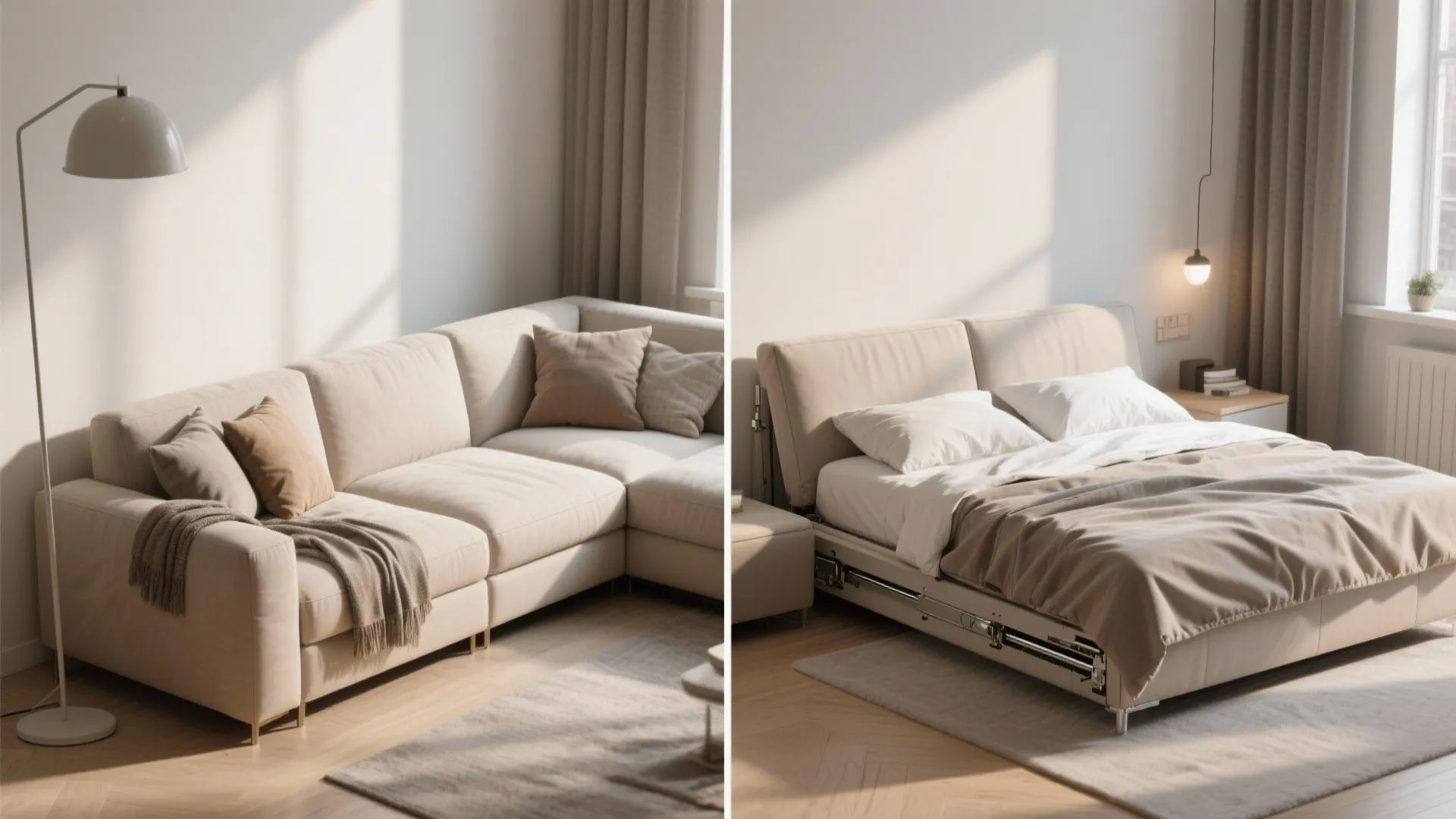 Side by side comparison of a beige corner sofa and its converted guest bed state setup